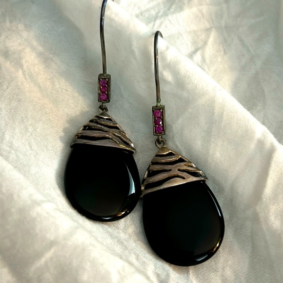 Vintage David Sigal 925 Sterling Onyx Ruby Earrings - Picture 3 of 14